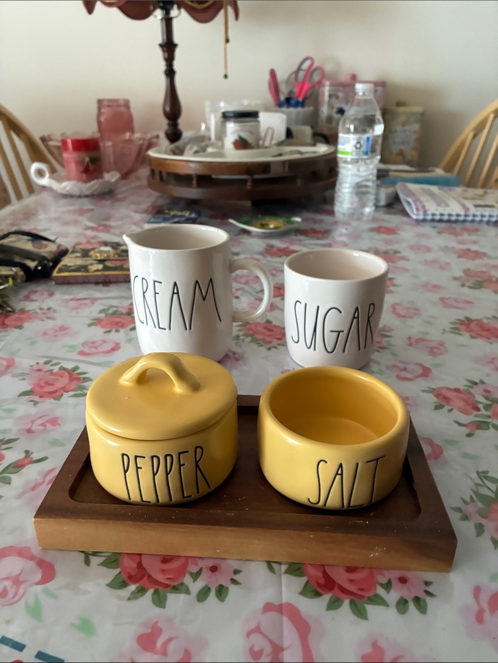 Rae Dunn Yellow Ceramic Salt & Pepper Set on Wooden Tray